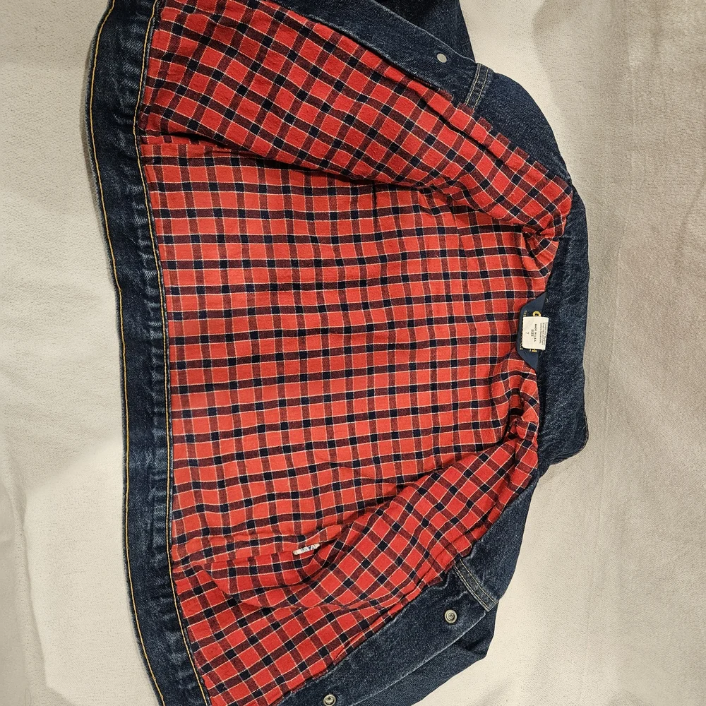 Vintage OshKosh B'gosh Blue Denim Jacket with Red Plaid Lining